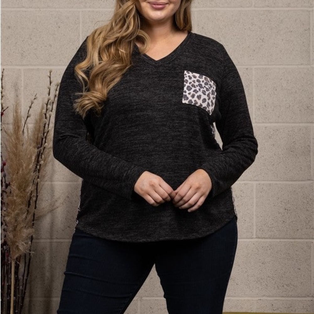 Charcoal / Leopard Contrast Knit Top